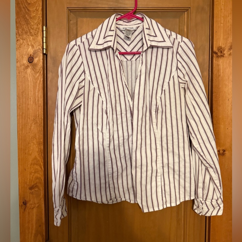 Nine West White and Black Striped Button Down Shirt